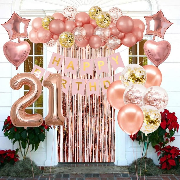 Fondo de decoración de cumpleaños de oro rosa y guirnalda de globos de 4  tamaños, juego de fiesta de oro rosa, pancarta de cumpleaños, cortinas de