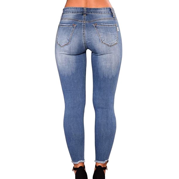 Pantalones de mujer Jeans Bolsillos Botones Rasgados Flaco Cintura alta  Adherente Casual