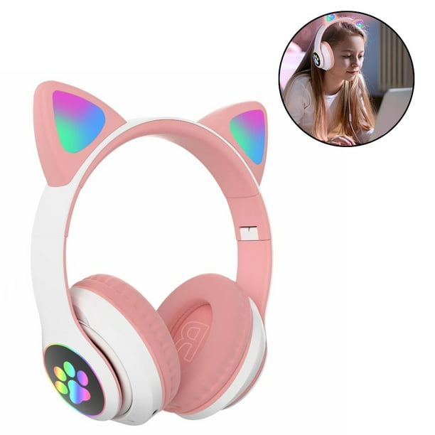 Auriculares para niños, inalámbricos, con luz LED, con diseño de orejas de  gato, para niñas, con micrófono, para la escuela, Kindle, tableta, PC