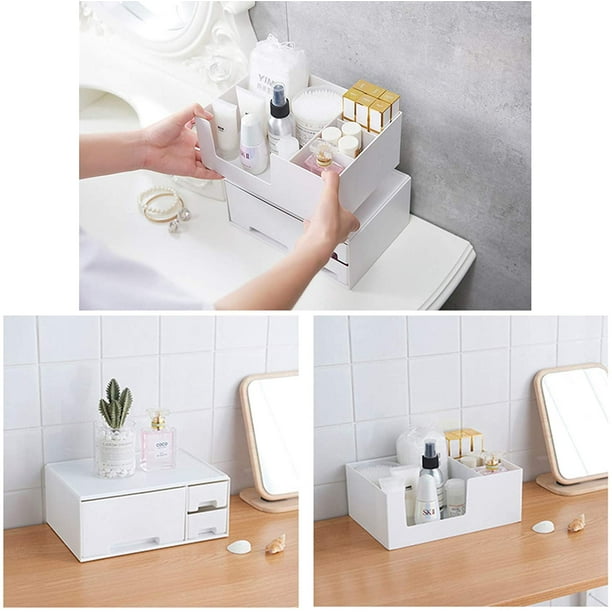 Organizador de maquillaje de plástico apilable, caja de almacenamiento de  cosméticos de escritorio con 3 cajones en color blanco