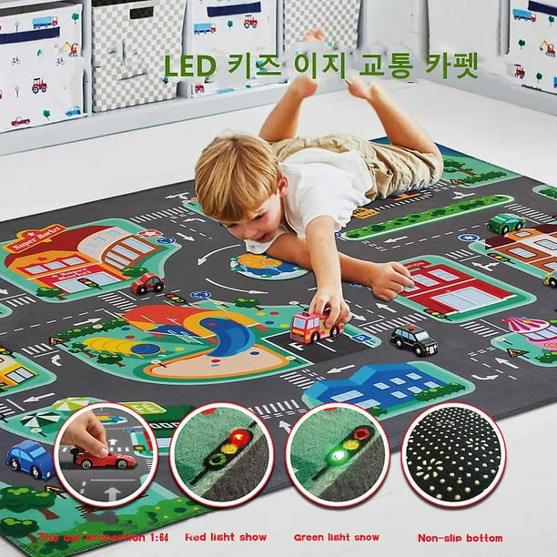 Alfombra para niños con diseño de mapa de carreteras y coches de tráfico,  alfombra con semáforos Led para aprendizaje educativo y área de juegos