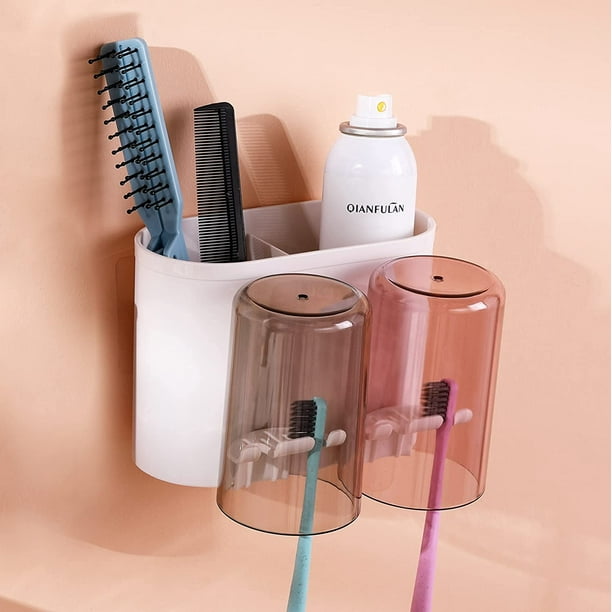Portacepillos de dientes, portavasos multifuncional para cepillos de dientes  montado en la pared, con dos vasos de mano, adecuado para diferentes tipos  de familias JM