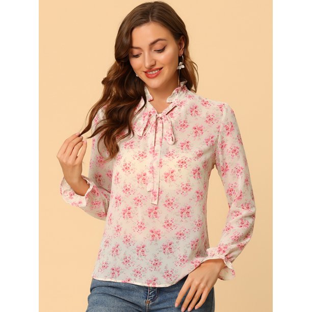 Allegra K Blusa Con Cuello De Lazo Semitransparente Para Mujer Top Floral  Elegante Con Volantes Rosa Unique Bargains Blusa