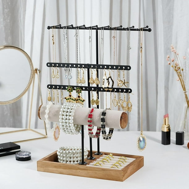Organizador de joyas, soporte para joyas, organizador de collares de 4  niveles con bandeja para anillos, pequeño y bonito estante de  almacenamiento de