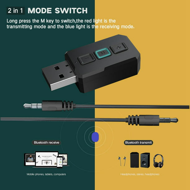 2 en 1 Radio automática USB adaptador Bluetooth Estéreo inalámbrico cable 2  Baoblaze Adaptador Bluetooth para coche