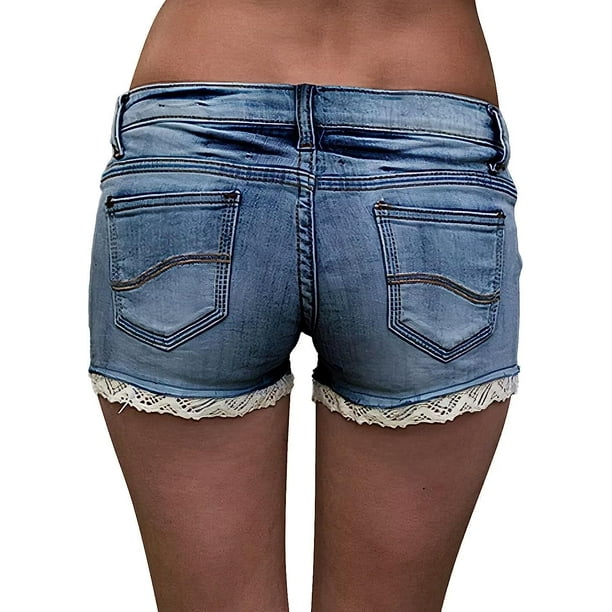 Jean Shorts Mujer Cintura Baja Contraste Encaje Ripped Denim ShortsMid  BlueX-Large esquí