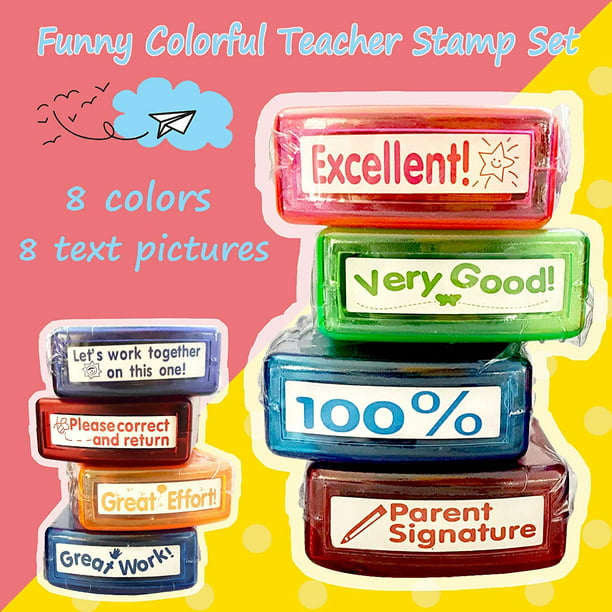 Juego de sellos autoentintados para profesores (8 unidades) para calificar  el aula, revisión de la tarea de los padres, sellos de negocios, coloridos  Ofspeizc CZBG-HY169