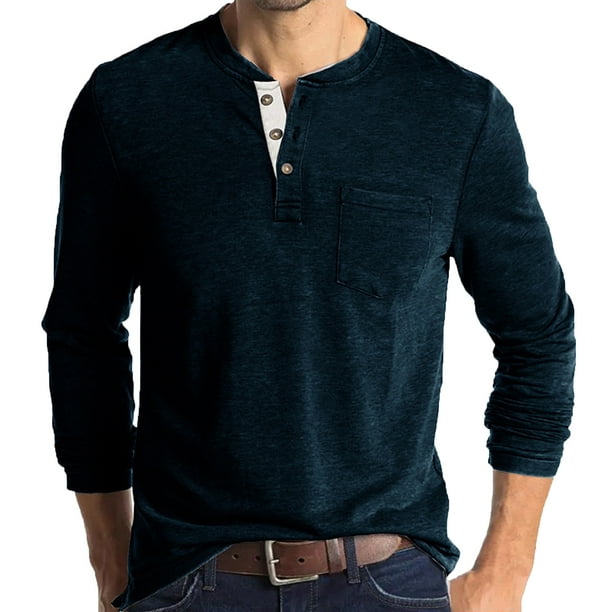 Camiseta informal de cuello redondo para hombre, camiseta sólida de manga  larga con botones de bolsillo, camisetas deportivas Pompotops oipoqjl34716