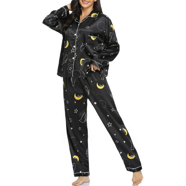 Conjunto de pijamas para mujer manga larga sat n suave cuello con muescas botones pijamas CACAGOO Pijamas Mujer