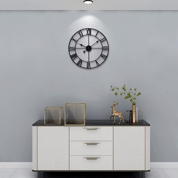 Reloj de pared grande de estilo vintage, redondo, de metal, silencioso, sin  tictac, funciona con pilas, 40 cm, números romanos negros, relojes de sala  de estar, dormitorio, decoración de cocina negra