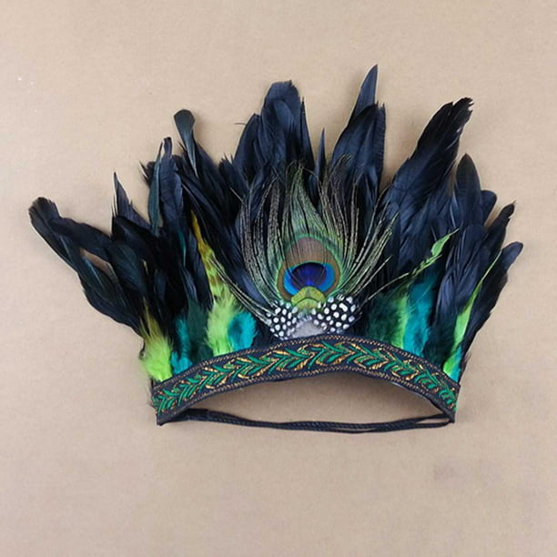 Tocado étnico de plumas de carnaval, tocado de pluma, diadema de plumas,  corona indio de Halloween, accesorios para el cabello (azul)