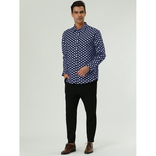 Camisas de hombre lunares, manga larga, corte ajustado, estampado, camisa con botones Azul marino Unique Bargains Camisa | Bodega Aurrera línea