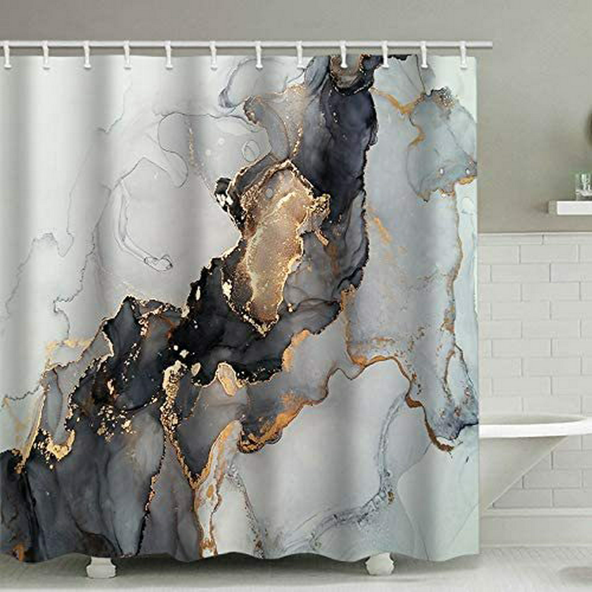 Cortina de ducha moderna de color negro y dorado, cortinas de ducha de arte  abstracto multicolor con pintura al óleo, cortina de ducha para decoración