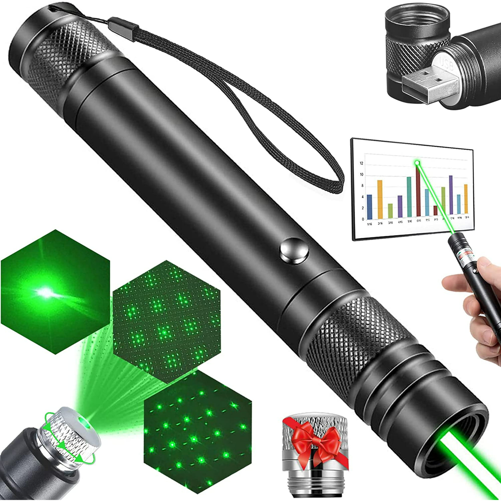 DCLIKRE Puntero láser verde de alta potencia, recargable por  USB, luces verdes fuertes, con tapa de estrella, puntero de rayos láser de  largo alcance para presentaciones de mesa de arena, astronomía, 