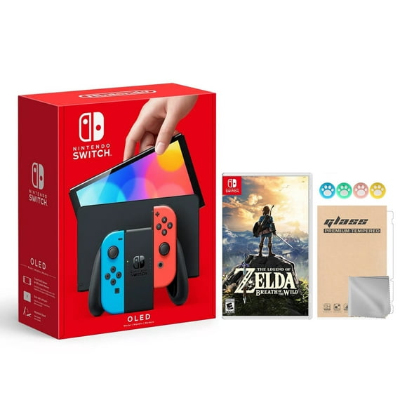 2021 new nintendo switch oled model neon red  blue joy con 64gb console hd screen  lanport dock with the legend of zelda breath of the wild and mytrix joystick caps  screen protector nintendo hegskabaa