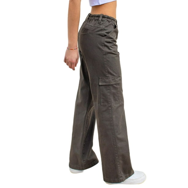 Pantalones cargo sólidos casuales para mujer, cintura alta, botón con  cremalle