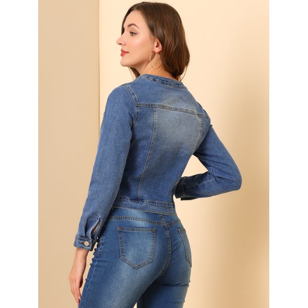 Chaqueta De Mezclilla Para Mujer Chaquetas De Mezclilla De Manga Larga Sin  Cuello Con Botones Azul o Unique Bargains Chaqueta