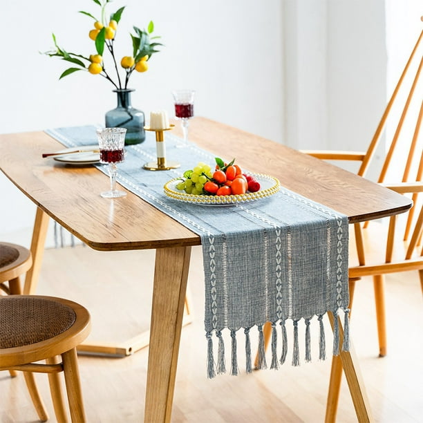 Artbisons Camino de mesa moderno, 13 x 60 pulgadas, doble capa, de algodón  gris y blanco, con borlas, colección geométrica para decoración de mesa