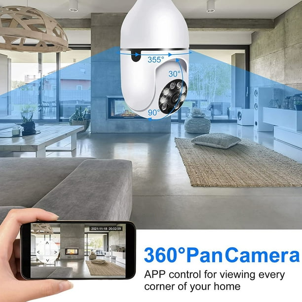 Cámara de bombilla E27, sistema de seguridad de 1080P con WiFi de 2.4GHz,  vigilancia doméstica de 360 grados, visión nocturna, audio bidireccional y