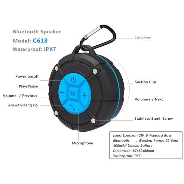 Altavoz de ducha Bluetooth, IPX7 impermeable Bluetooth con ventosa, altavoz  de ducha portátil inalámbrico manos libres con micrófono, estéreo de 8