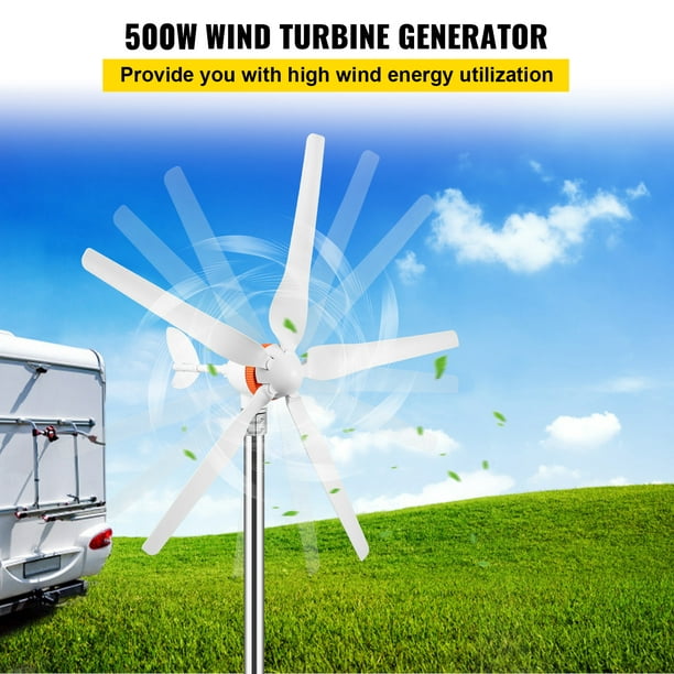 Generador de Turbina Eólica VEVOR 12 V 500 W Aerogenerador Horizontal 5  Cuchillas Velocidad Nominal 13 m/s Kit de Turbina Eólica Resistente y  Durable con Controlador de Carga MPPT para Hogar, Chalets