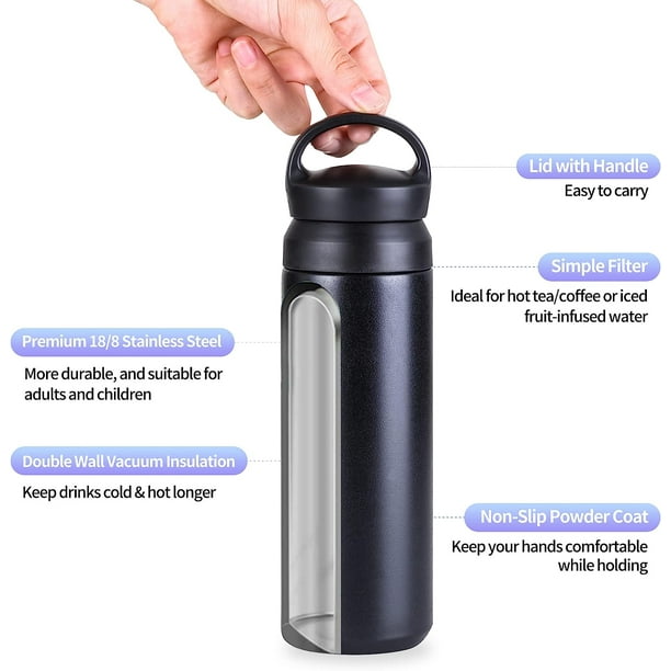 Botellas de agua de viaje de acero inoxidable de 17 onzas, doble pared  aislada al vacío, reutilizable, a prueba de fugas, sin BPA, termo en forma  de