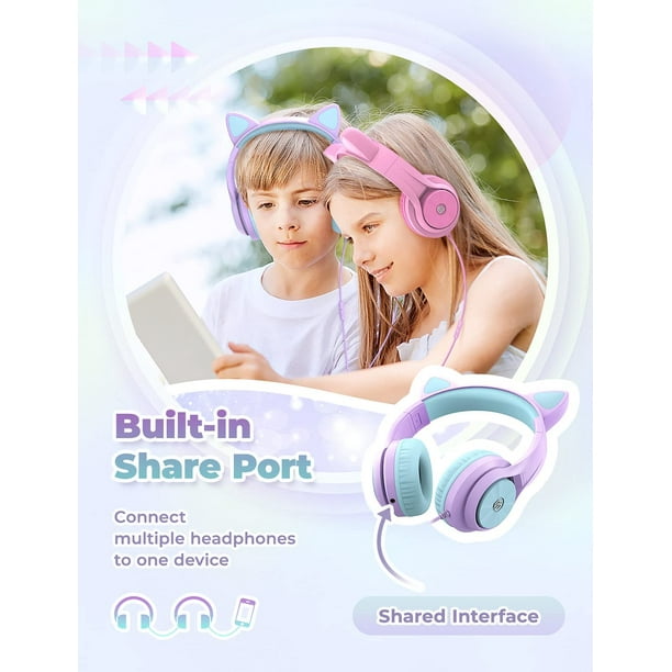 Auriculares para niños rosados para la escuela, auriculares para niños con  límite de volumen de 94 db, auriculares con cable para niños para
