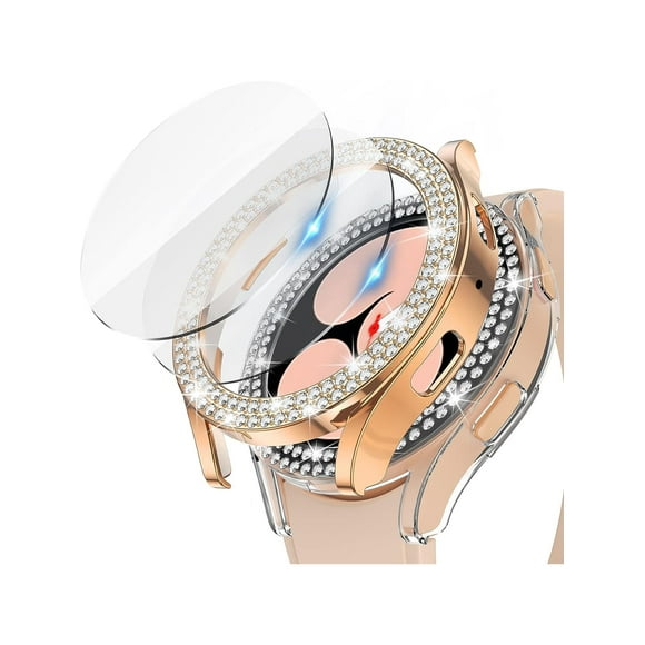 2pcsset ladies rose gold dual rows of diamond inlay hollow out watch protective case  clear hard glass screen protector for samsung galaxy watch 4 5 6 series 4044mm