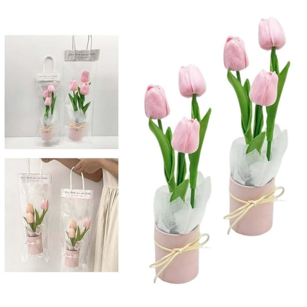 Paquete de 2 tulipanes artificiales en maceta, tulipanes falsos con  florero, flores de seda para decoración del hogar, interiores, para  decoración del