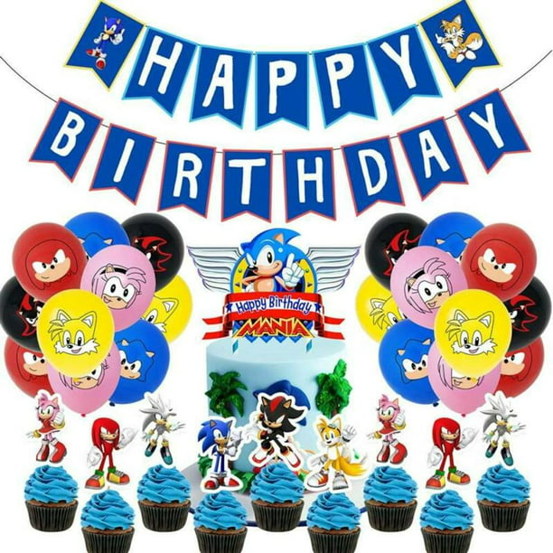  101 suministros de fiesta de cumpleaños Sonic para niños,  decoraciones de fiesta Sonic incluyen pancarta de cumpleaños, decoraciones  colgantes de remolino, globos de aluminio, adornos de cupcakes,  calcomanías, mantel, globos de