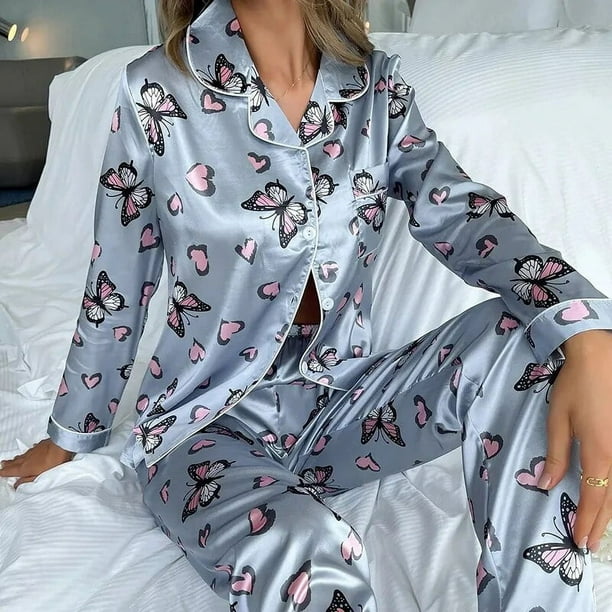 Pijama con botones para mujer, ropa de dormir de manga larga, ropa de  dormir suave, conjunto de pijama para mujer