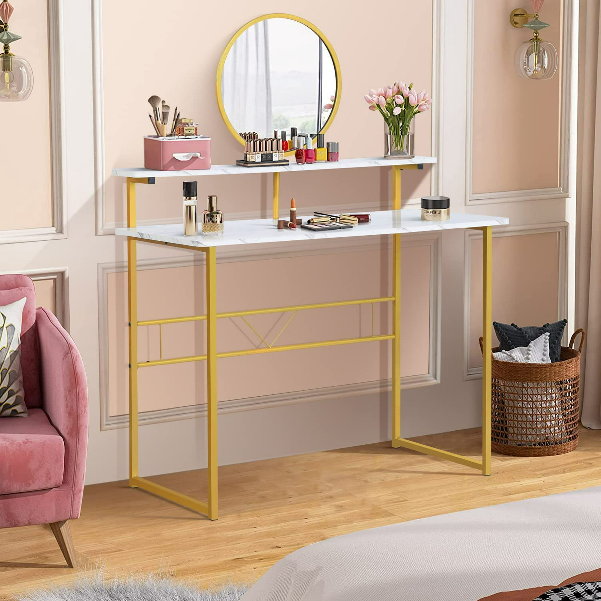 Escritorio de oficina en casa con cajones, escritorio moderno para  computadora para dormitorio, pequeño escritorio de tocador de maquillaje  rosa para