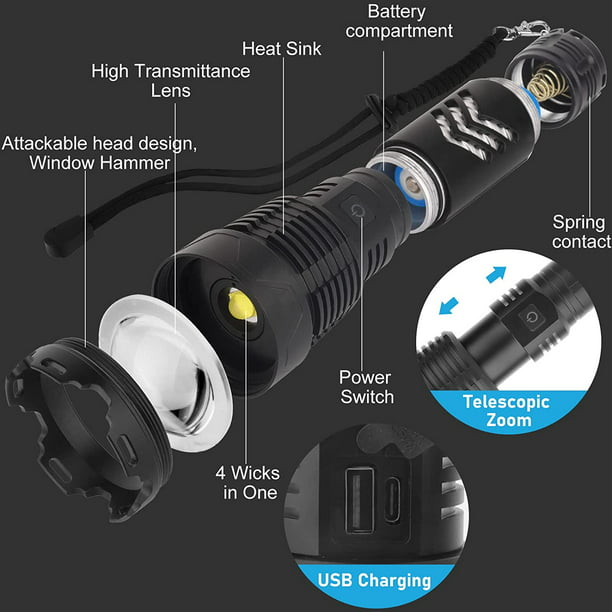 Linterna potente superbrillante de 120000 lúmenes, 5 modos de luz, linternas  LED recargables de alto lúmenes, linternas impermeables IPX6 para  exteriores (mediano)