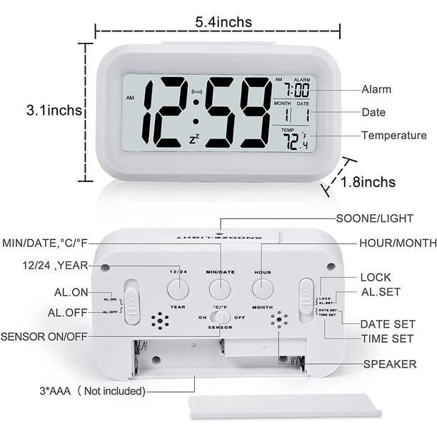 Reloj despertador, reloj despertador digital pequeño, pantalla LCD de 5,1  con calendario de fecha de repetición, pantalla de alarma de temperatura,  cabecera fácil de instalar (blanco) Zhivalor ZSY-0107