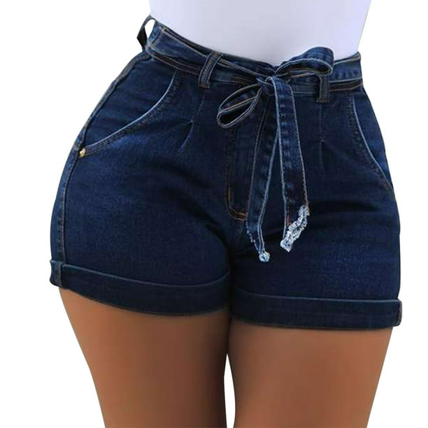 Pantalones cortos de mezclilla para mujer Pantalones cortos ajustados  Pantalones calientes de cintura alta Elástico lavado, Azul oscuro, L  Sweethay AP1049-21B