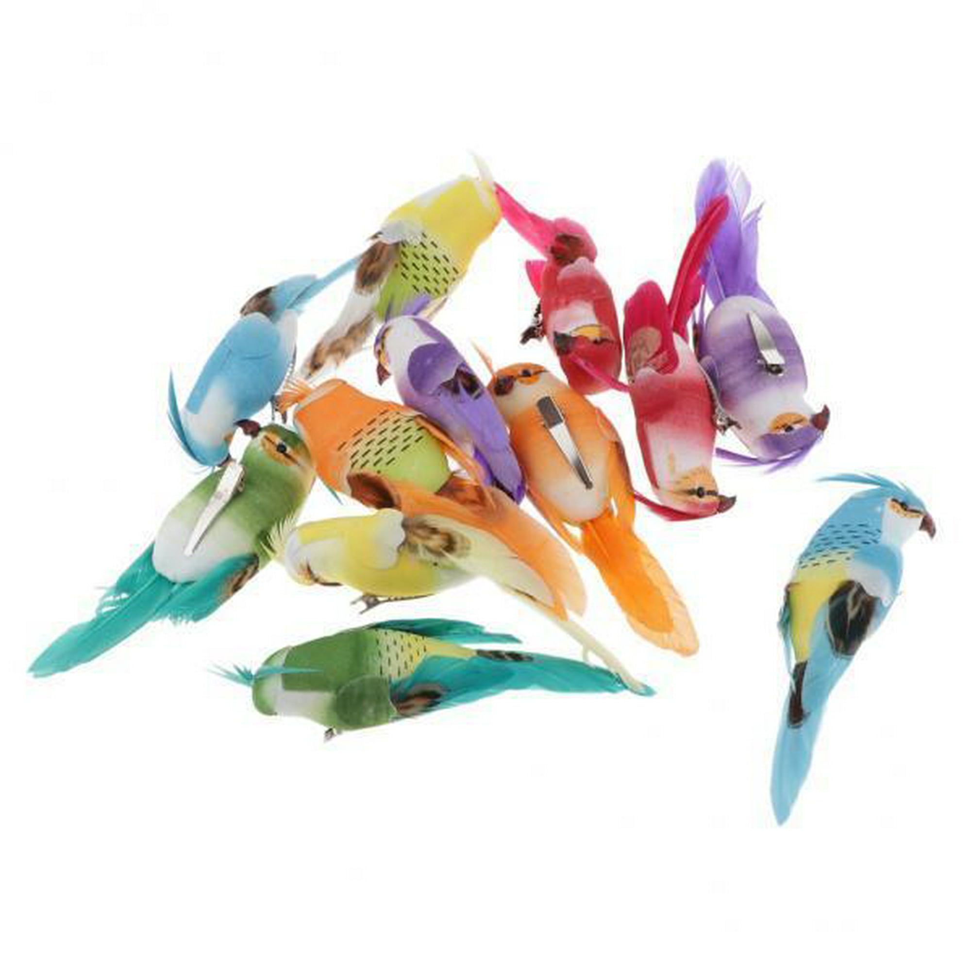 Pájaros decorativos, decoración de primavera, pájaros con  plumas, verano, pájaros en alambre, colorido H3.5cm, 12 piezas-04209
