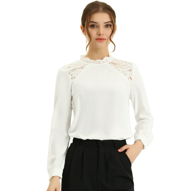 Blusas elegantes para mujer con cuello alto y manga larga con panel de  encaje blanco S Unique Bargains Blusa