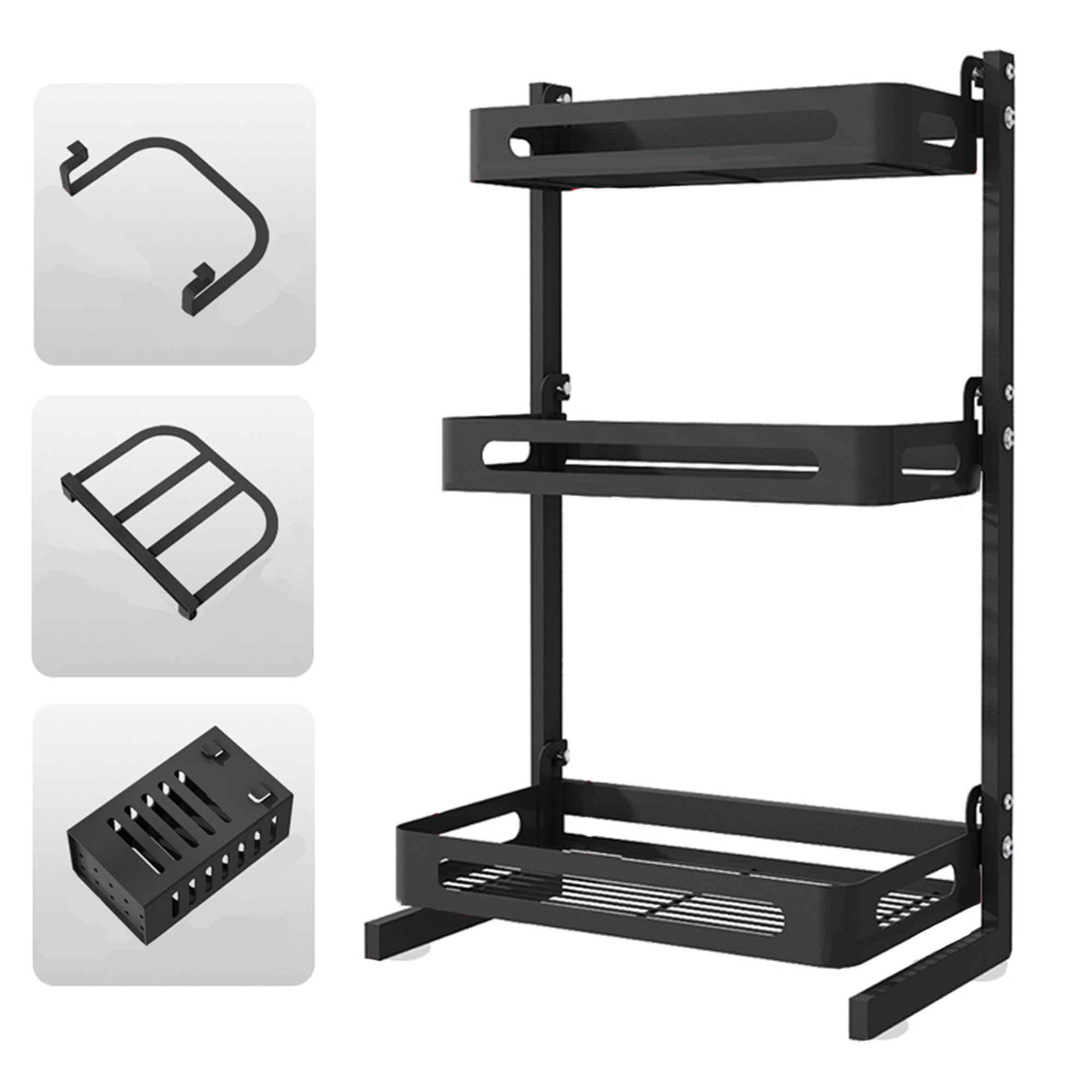 Organizador de especias de 3 niveles expandible para gabinete – Estante con  barra de protección (31.75 cm a 63.5 cm de ancho), color negro.