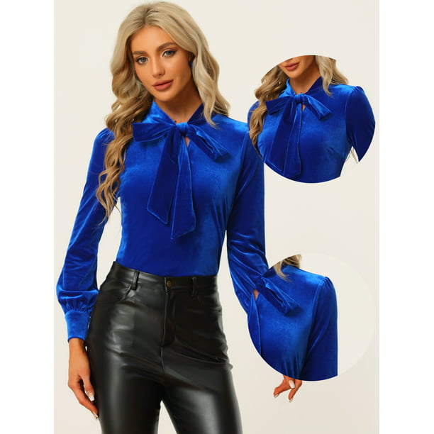 Blusa de trabajo informal manga larga con cuello de corbata de terciopelo para mujer Azul Real L Unique Bargains Blusa | Walmart en
