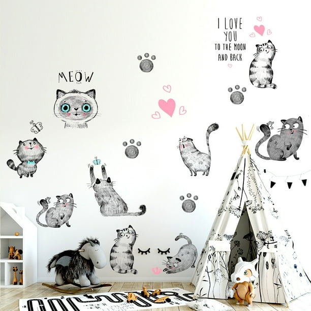  Pegatinas de pared de gatos de dibujos animados - 9 lindos gatitos con  estampado de pata de corazón JAMW Sencillez | Walmart en línea