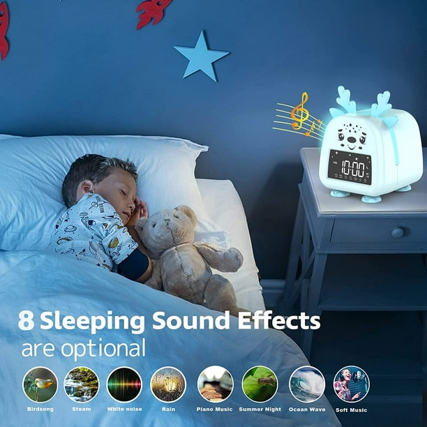 Reloj despertador para niños, lindo reloj despertador para niños pequeños,  reloj de entrenamiento para dormir con luz nocturna, máquina de sonido y