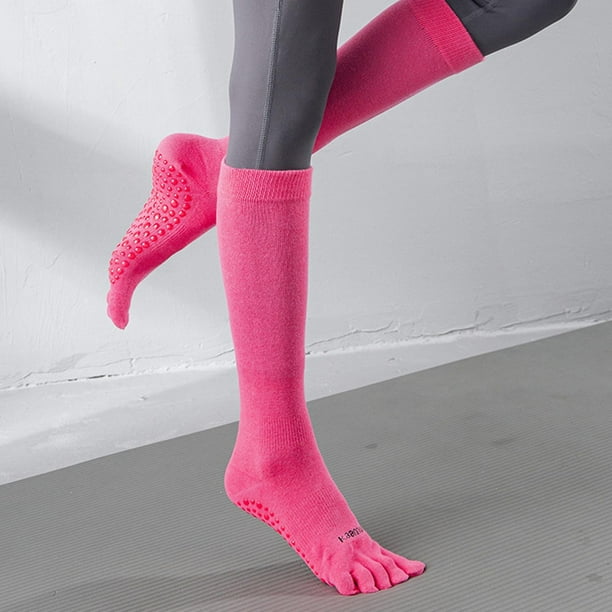 Calcetines antideslizantes hasta la rodilla de yoga para mujer Medias  largas de cinco dedos de color sólido brillante