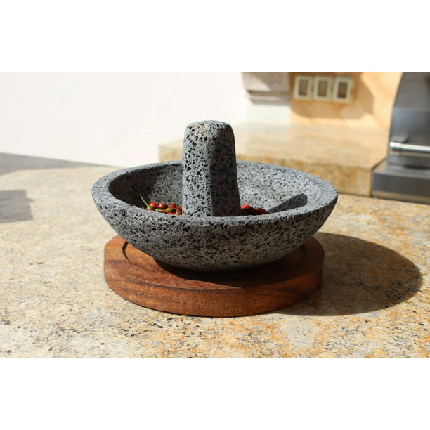 Mortero de piedra volcánica y mortero Caxitl hecho de roca volcánica,  cuenco hecho a mano para hacer salsas, fabricado con orgullo por manos