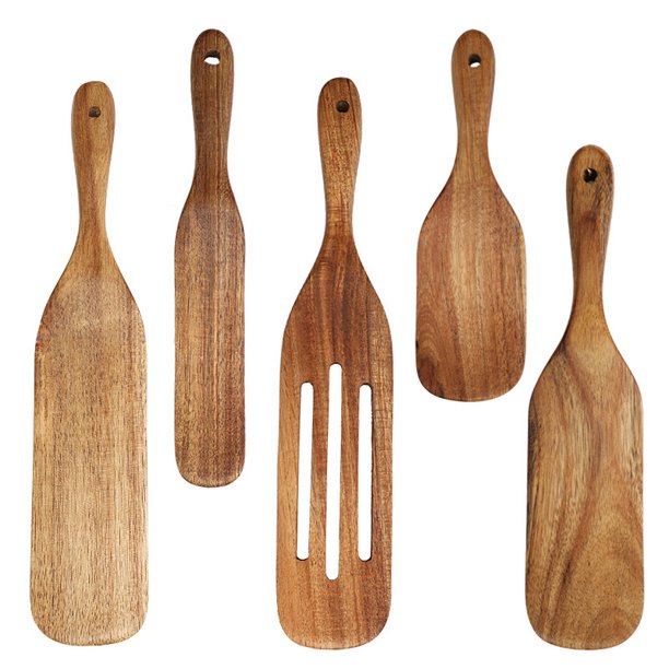 KITEISCAT Cucharas de madera de acacia para cocinar: juego de utensilios de  cocina y cocina de 5 piezas - espátula de madera, cuchara ranurada y para