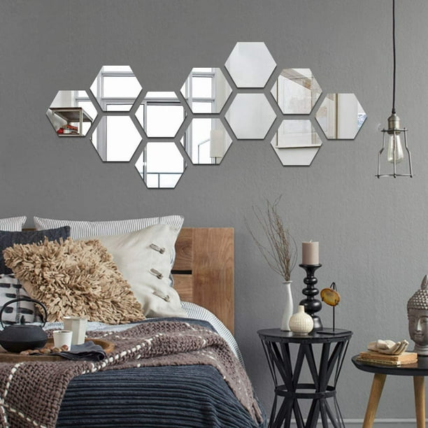 Adhesivo acrílico hexagonal para espejo de 12 piezas, pegatinas para espejos  de pared, pegatinas tridimensionales para pared, decoración para sala de  estar y dormitorio Ormromra WLJ-1396