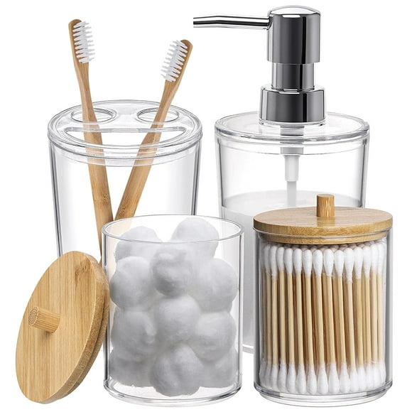 muyoka juego de 4 accesorios de baño dispensador de jabón transparente de plástico soporte para ce muyoka hogar