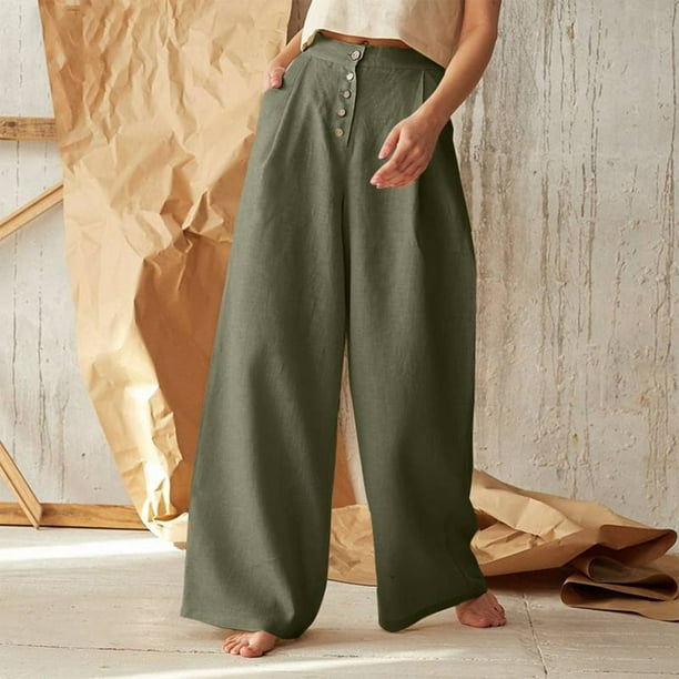 Pantalones Anchos Pantalones de pierna ancha para mujer Pantalones sueltos  de algodón informales con bolsillos (Verde militar XL) Cgtredaw para Mujer  ejercito verde T 3EG