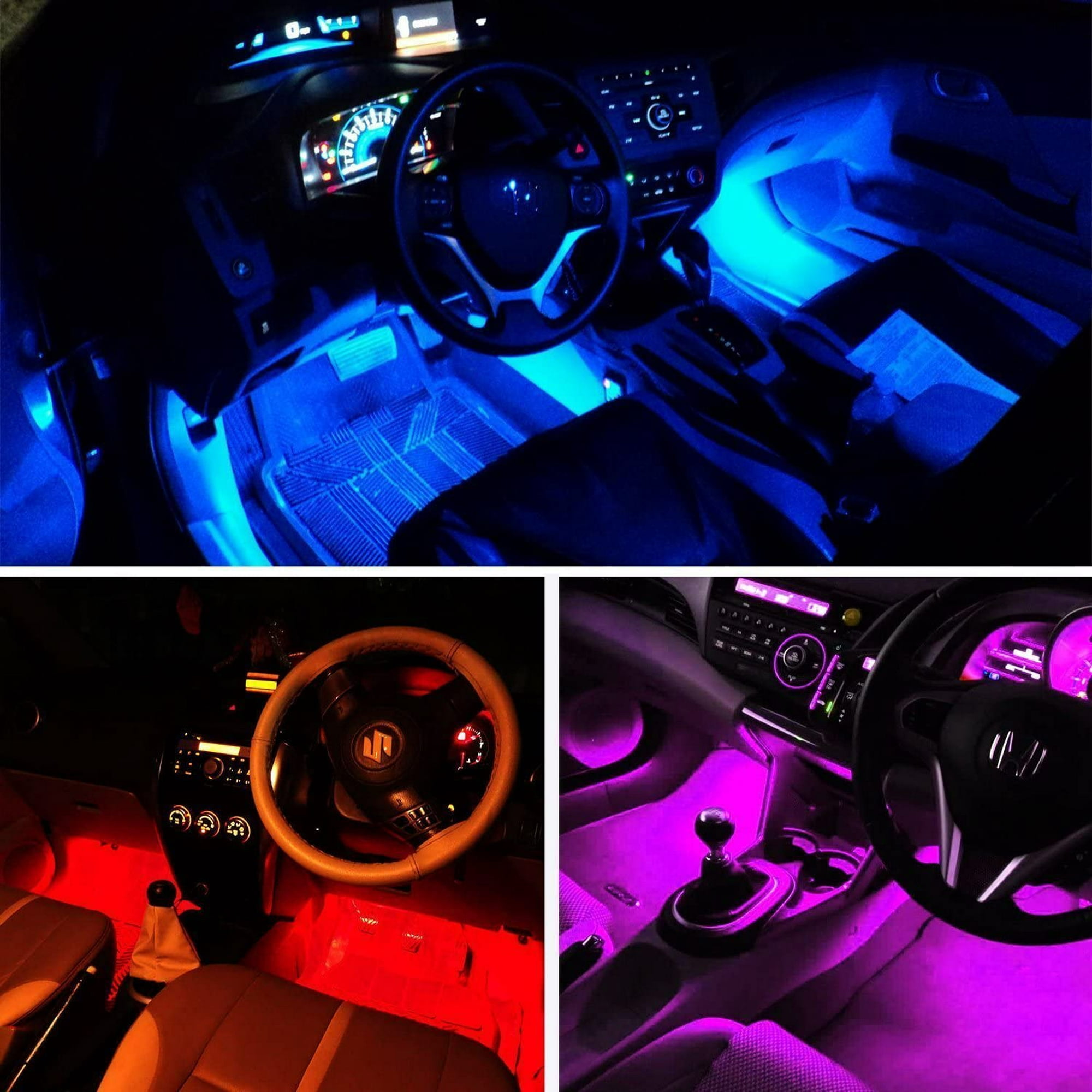 Luces interiores del coche, diseño 2 en 1 DC 12 V activadas por sonido, 48  luces LED de tira de coche, control de caja, control remoto y control de