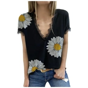 Gibobby Blusa Termica Blusa corta estampada Camisetas Patchwork con cuello en V Verano Mujer Blusa con manga de encaje（Negro， M)