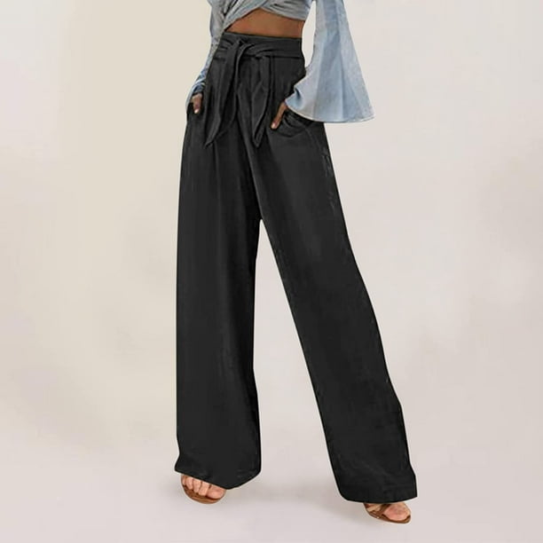 2023 - Pantalones de lino de algodón para mujer, cinturón de pajarita,  pierna ancha, pantalones de yoga palazzo, pantalones de verano para la  playa, pantalones casuales elegantes 01*Negro 2XL 01*Negro Xishao ropa